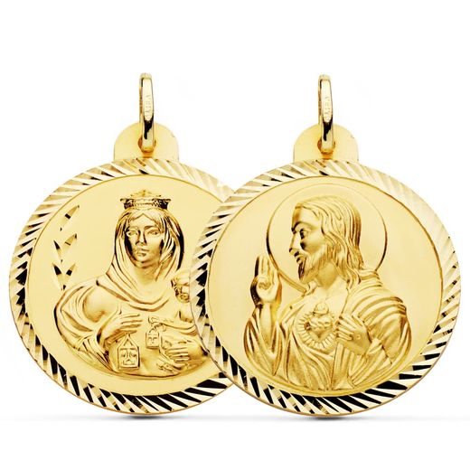 18K Escapulario Oro Amarillo Helice Virgen Carmen Y Corazon De Jesus 30 Mm