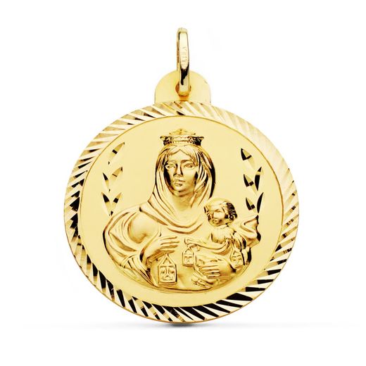 18K Escapulario Oro Amarillo Helice Virgen Carmen Y Corazon De Jesus 30 Mm