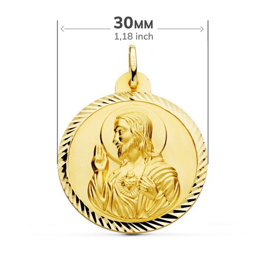 18K Escapulario Oro Amarillo Helice Virgen Carmen Y Corazon De Jesus 30 Mm