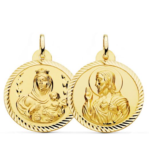 18K Escapulario Oro Amarillo Helice Virgen Del Carmen Corazon De Jesus 26 Mm