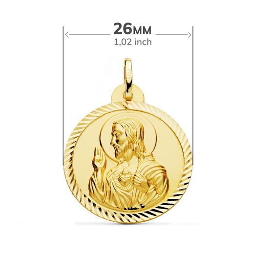 18K Escapulario Oro Amarillo Helice Virgen Del Carmen Corazon De Jesus 26 Mm