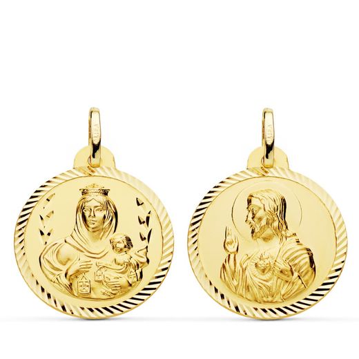 18K Escapulario Oro Amarillo Helice Virgen Del Carmen Y Corazon De Jesus. 22 Mm