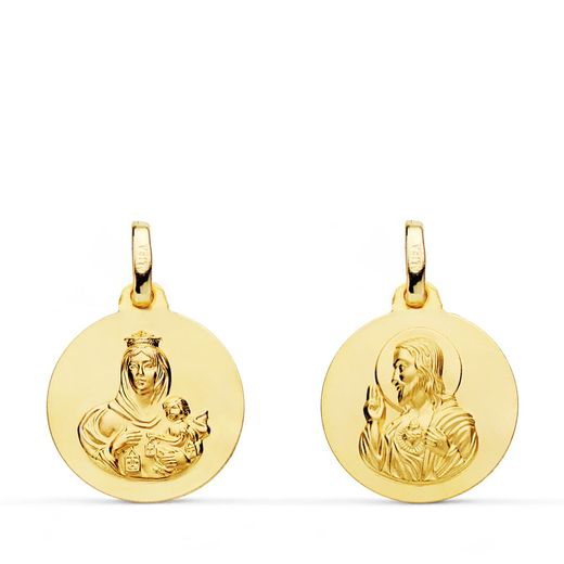 18K Escapulario Oro Amarillo Liso Virgen Del Carmen Corazon De Jesus 16 Mm