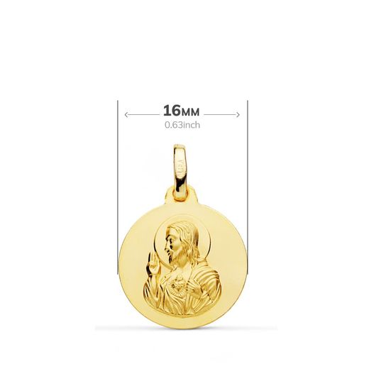 18K Escapulario Oro Amarillo Liso Virgen Del Carmen Corazon De Jesus 16 Mm
