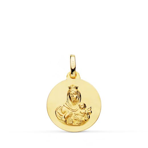 18K Escapulario Oro Amarillo Liso Virgen Del Carmen Corazon De Jesus 16 Mm