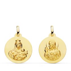18K Escapulario Oro Amarillo Liso Virgen Del Carmen Corazon De Jesus 18 Mm