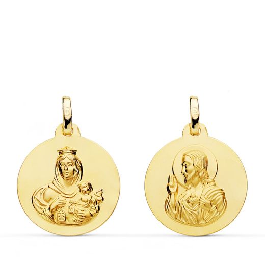 18K Escapulario Oro Amarillo Liso Virgen Del Carmen Corazon De Jesus 18 Mm