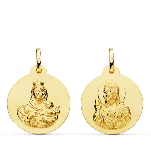 18K Escapulario Oro Amarillo Liso Virgen Del Carmen Corazon De Jesus 20 Mm