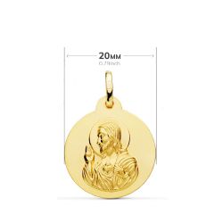 18K Escapulario Oro Amarillo Liso Virgen Del Carmen Corazon De Jesus 20 Mm