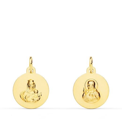 18K Escapulario Oro Amarillo Liso Virgen Del Carmen Corazon De Jesus Liso 12 Mm