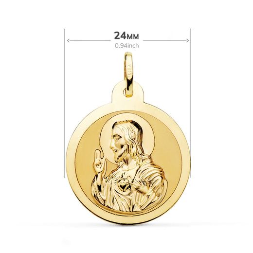 18K Escapulario Oro Amarillo Oro Amarillo Brillo Virgen Del Carmen Corazon Jesus 24 Mm