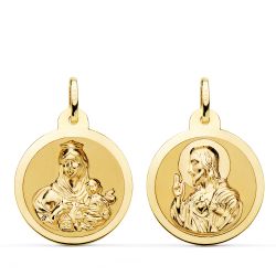 18K Escapulario Oro Amarillo Oro Amarillo Brillo Virgen Del Carmen Y Corazon De Jesus 22 Mm
