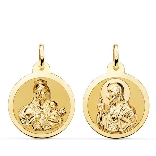 18K Escapulario Oro Amarillo Oro Amarillo Brillo Virgen Del Carmen Y Corazon De Jesus 22 Mm
