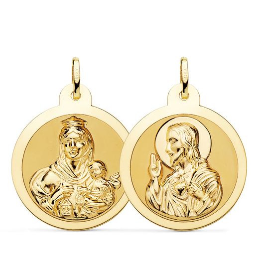 18K Escapulario Oro Amarillo Oro Amarillo Brillo Virgen Del Carmen Y Corazon De Jesus 26 Mm