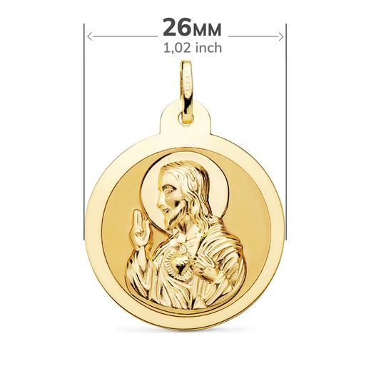 18K Escapulario Oro Amarillo Oro Amarillo Brillo Virgen Del Carmen Y Corazon De Jesus 26 Mm