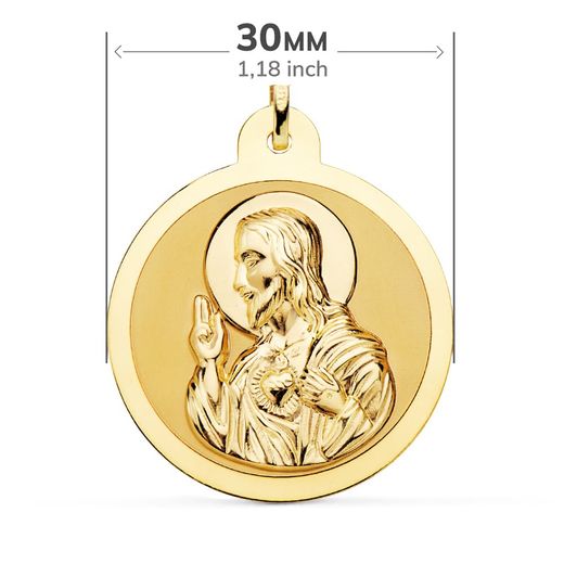 18K Escapulario Oro Amarillo Oro Amarillo Brillo Virgen Del Carmen Y Corazon De Jesus 30 Mm