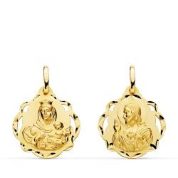 18K Escapulario Oro Amarillo Pandereta Virgen Del Carmen Y Corazon De Jesus 20 Mm