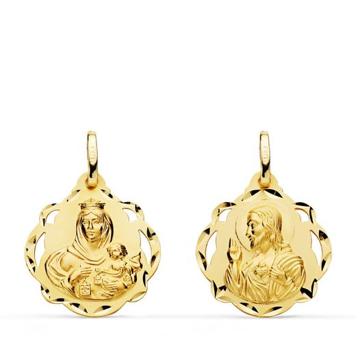 18K Escapulario Oro Amarillo Pandereta Virgen Del Carmen Y Corazon De Jesus 20 Mm