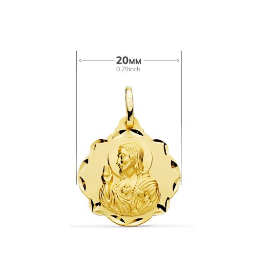 18K Escapulario Oro Amarillo Pandereta Virgen Del Carmen Y Corazon De Jesus 20 Mm