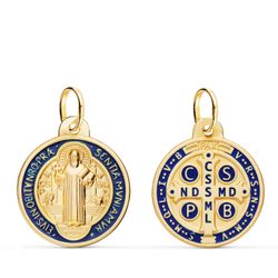 18K Escapulario Oro Amarillo San Benito Monje Matizado Esmalte Azul. Ancho: 20 Mm