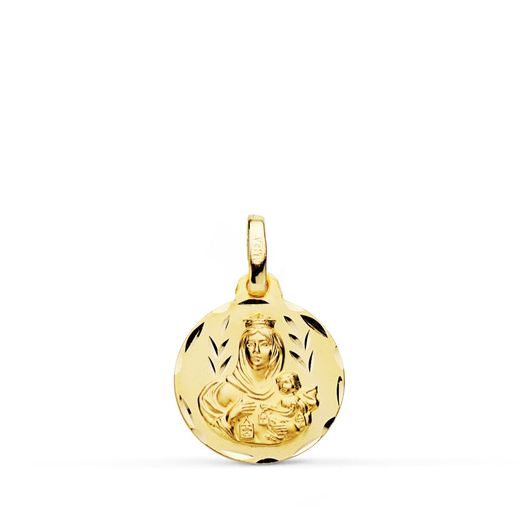 18K Escapulario Oro Amarillo Tallado Virgen Del Carmen Corazon De Jesus 14 Mm