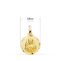 18K Escapulario Oro Amarillo Tallado Virgen Del Carmen Corazon De Jesus 14 Mm