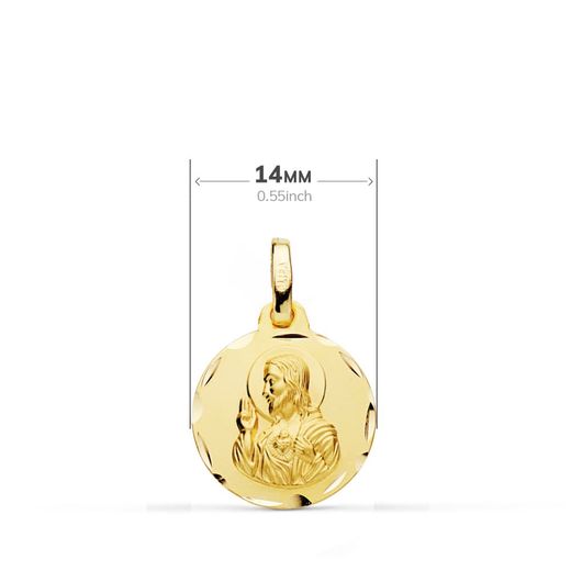 18K Escapulario Oro Amarillo Tallado Virgen Del Carmen Corazon De Jesus 14 Mm