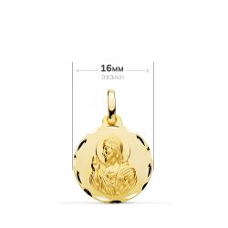 18K Escapulario Oro Amarillo Tallado Virgen Del Carmen Corazon De Jesus 16 Mm