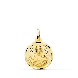 18K Escapulario Oro Amarillo Tallado Virgen Del Carmen Corazon De Jesus 16 Mm