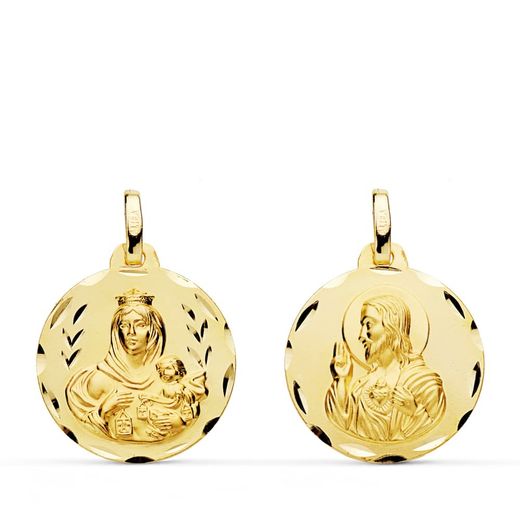 18K Escapulario Oro Amarillo Tallado Virgen Del Carmen Corazon De Jesus 18 Mm
