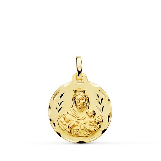 18K Escapulario Oro Amarillo Tallado Virgen Del Carmen Corazon De Jesus 18 Mm
