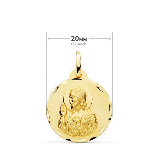 18K Escapulario Oro Amarillo Tallado Virgen Del Carmen Corazon De Jesus 20 Mm