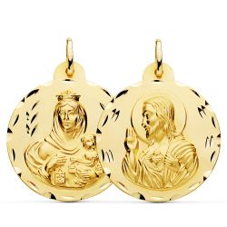 18K Escapulario Oro Amarillo Tallado Virgen Del Carmen Corazon De Jesus 30 Mm