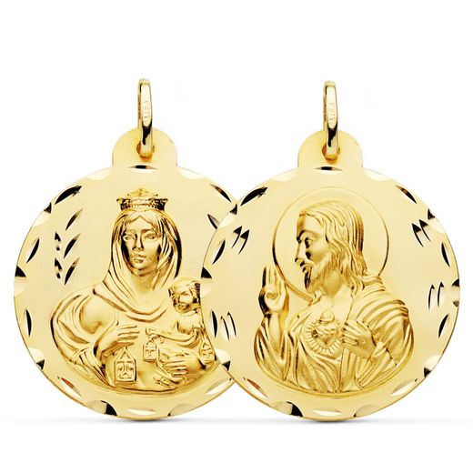 18K Escapulario Oro Amarillo Tallado Virgen Del Carmen Corazon De Jesus 30 Mm