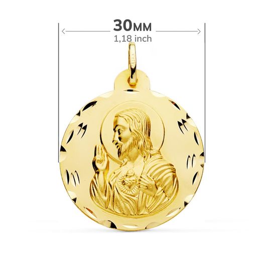 18K Escapulario Oro Amarillo Tallado Virgen Del Carmen Corazon De Jesus 30 Mm