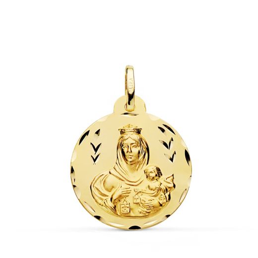 18K Escapulario Oro Amarillo Tallado Virgen Del Carmen Y Corazon De Jesus 22 Mm