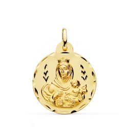18K Escapulario Oro Amarillo Tallado Virgen Del Carmen Y Corazon De Jesus 24 Mm