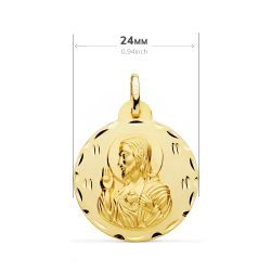 18K Escapulario Oro Amarillo Tallado Virgen Del Carmen Y Corazon De Jesus 24 Mm