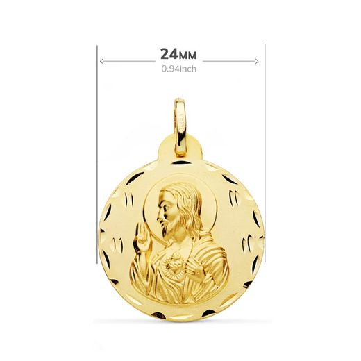 18K Escapulario Oro Amarillo Tallado Virgen Del Carmen Y Corazon De Jesus 24 Mm