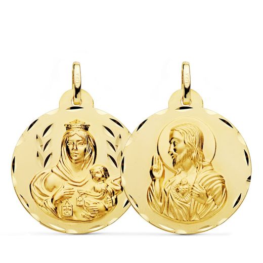18K Escapulario Oro Amarillo Tallado Virgen Del Carmen Y Corazon De Jesus 26 Mm