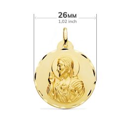 18K Escapulario Oro Amarillo Tallado Virgen Del Carmen Y Corazon De Jesus 26 Mm