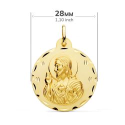 18K Escapulario Oro Amarillo Tallado Virgen Del Carmen Y Corazon De Jesus 28 Mm