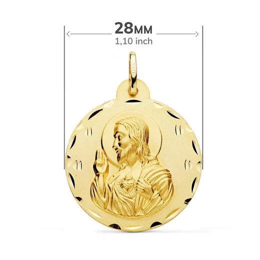 18K Escapulario Oro Amarillo Tallado Virgen Del Carmen Y Corazon De Jesus 28 Mm