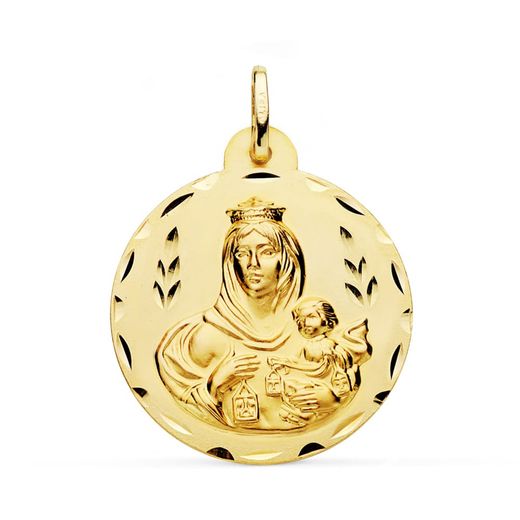 18K Escapulario Oro Amarillo Tallado Virgen Del Carmen Y Corazon De Jesus 28 Mm