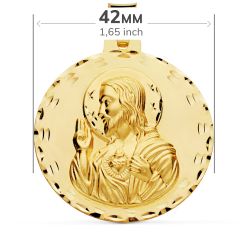 18K Escapulario Oro Amarillo Tallado Virgen Del Carmen Y Corazon De Jesus 42 Mm