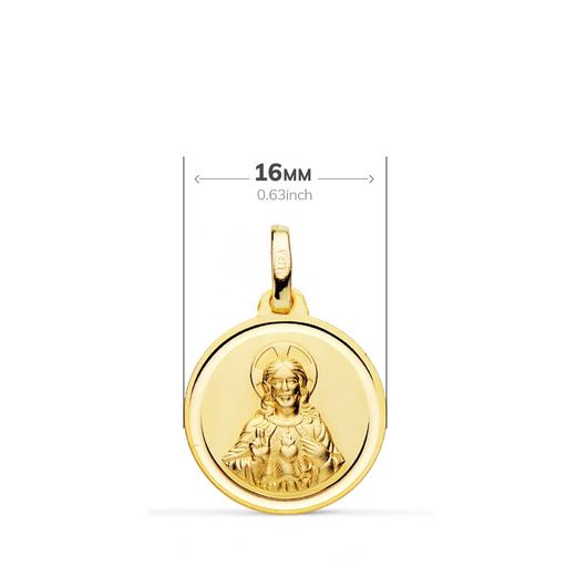 18K Escapulario Oro Amarillo Virgen Carmen Corazon Jesus 16 Mm