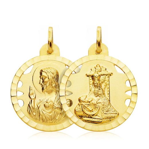 18K Escapulario Oro Amarillo Virgen De Las Angustias Corazon De Jesus 22 Mm