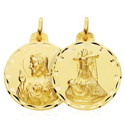 18K Escapulario Oro Amarillo Virgen De Las Angustias Corazon De Jesus 25 Mm