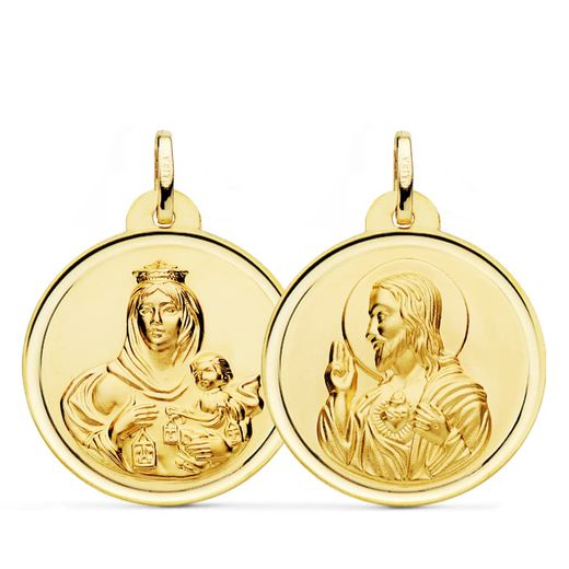 18K Escapulario Oro Amarillo Virgen Del Carmen Corazon De Jesus Bisel 26 Mm