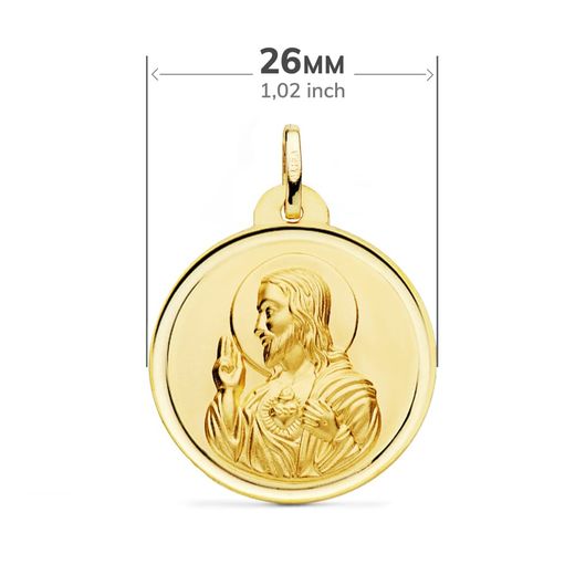 18K Escapulario Oro Amarillo Virgen Del Carmen Corazon De Jesus Bisel 26 Mm